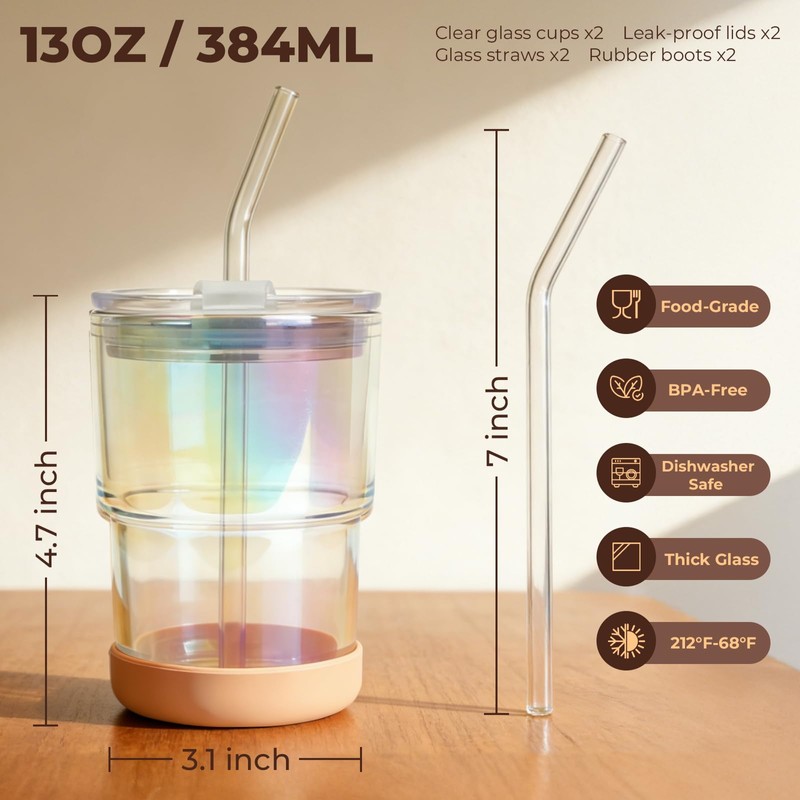 Zukro 13 oz Glass Iced Coffee Cups with Lid and