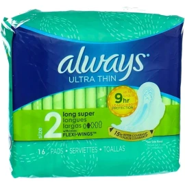 Always Ultra Thin Pads Size 2 Long Super Absorbency 16 Pads x 6 Packs = 96 Total