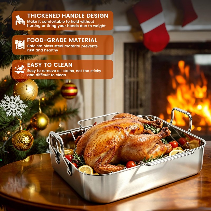Roasting Pan with U-shape Rack,304 Stainless Steel Bakeware Tray Large
