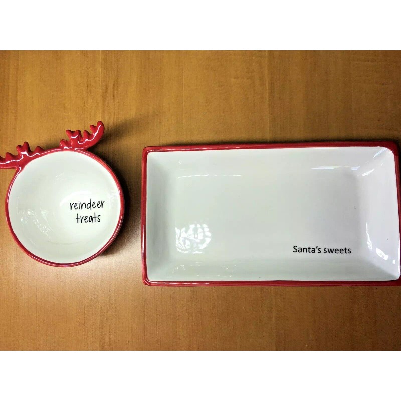 Santa Claus Ceramic Cookie Plate Tray and Bowl Christmas Eve