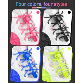 DIFFWAY Elastic Tieless Shoe Laces - No Tie Shoelaces with Heavy Duty Lock and Speed Strings for Adults and Kids (Solid Black-Blue-Yellow-Pink)