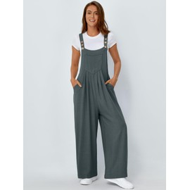 AUTOMET Womens Jumpsuits Overalls Wide Leg Casual Summer Outfits Rompers Jumpers Sleeveless Straps With Pockets 2024 Greyblue L
