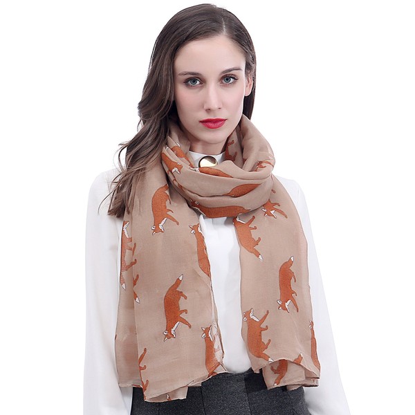Fox Animal Print Women's Scarf Shawl Wrap Lightweight (Camel)