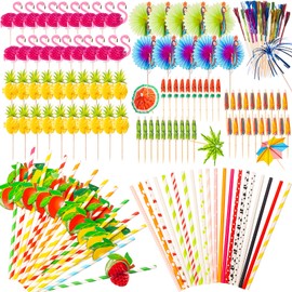 150Pcs Cocktail Accessories for Drinks, Summer Cocktail Decorations Set, Tropical Drink Accessories Kit with Paper Umbrellas, Fruit Straws, Firework Sticks for Hawaiian Beach Party