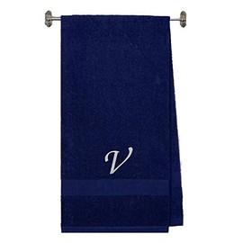 Embroidered Terry Cotton Bath Towel for Bath, Shower, Cover up Towel for Swimming Pool, and Beach - 35 x 65 inches - Navy Color Towel -Silver Script Initial V