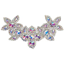 FINGERINSPIRE Flower Rhinestone Applique 150x105mm Clear AB Rhinestone Appliques with White Back Cloth Iron on/Sew on Wedding Bridal Patches Beaded Patch Women Belt Applique for DIY Decoration