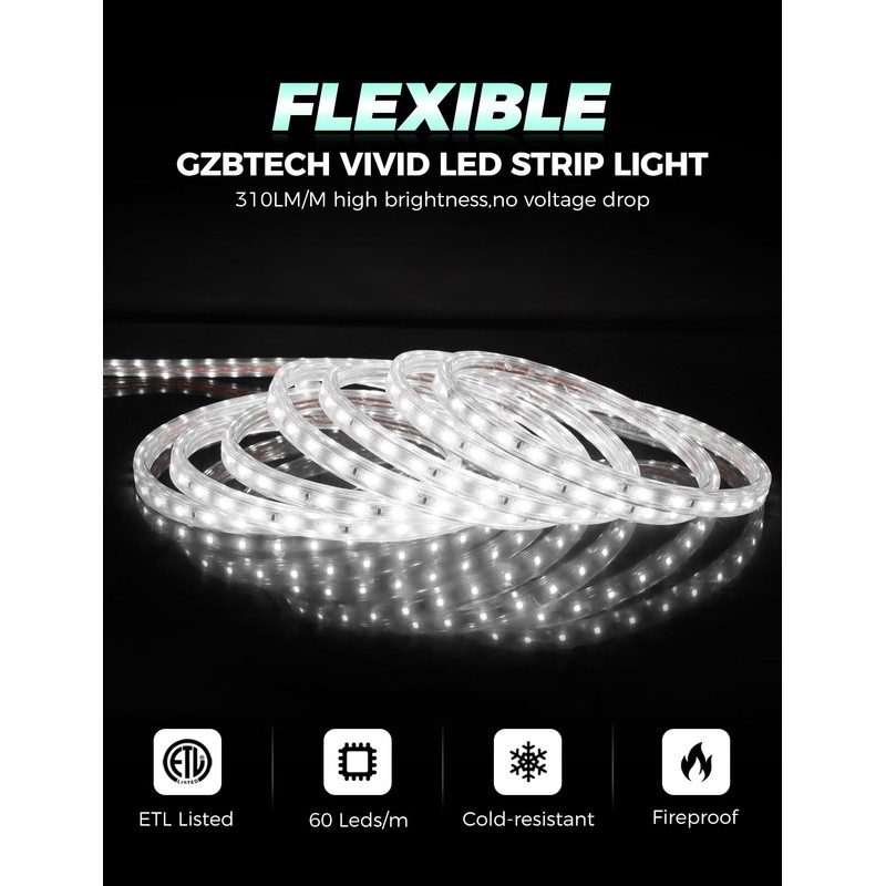 GZBtech AC 110-120V LED Strip Lighting 100FT/30M, 6000K Cool White