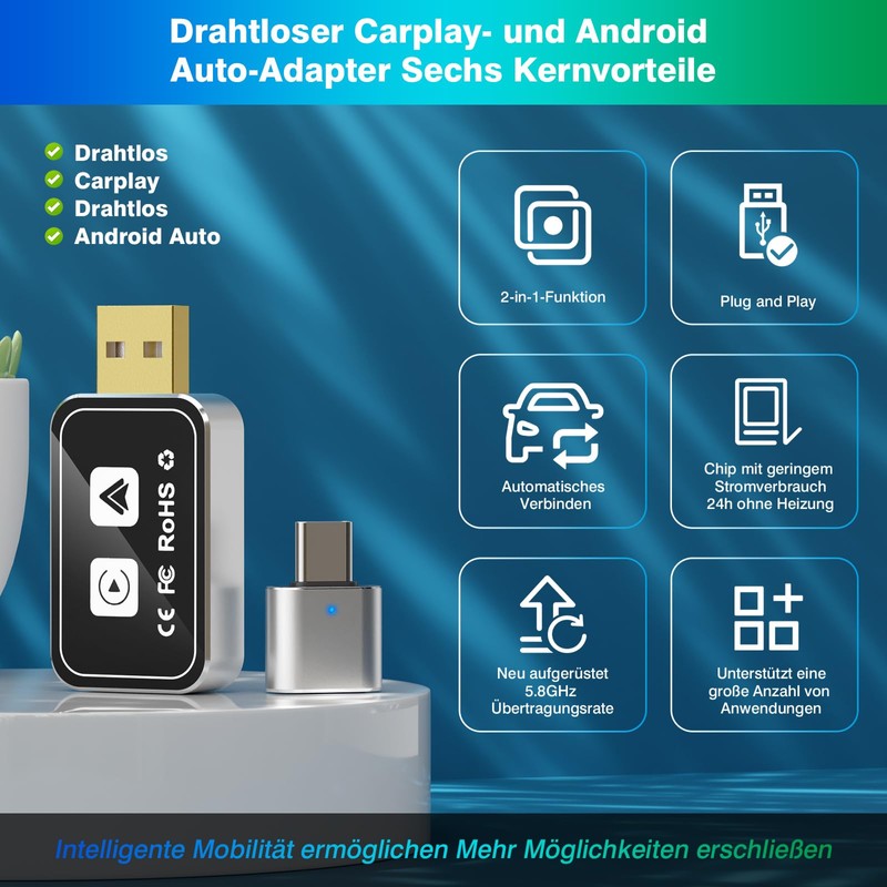2-in-1 Wireless Carplay and Android Car Wireless Adapter, Convert Wired