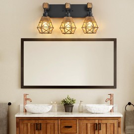 Rustic Style Wood Bathroom Wall Sconce，3 Light Bathroom Vanity Light Fixtures， with Boho Wicker Twine Lampshade，Suitable for Bedroom, Hallway, and Living Room，Rattan Black Farmhouse Wall Sconce