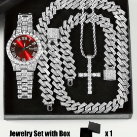 4pcs/set Rhinestone Jewelry Set: Wrist Watch & Cross Pendent for Men/WomenColor: Blue