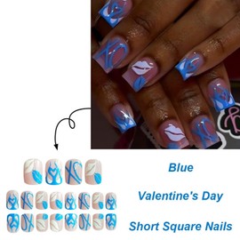 24 Pcs Valentines Press on Nails Short Square Shaped Fake Nails with Lip Kiss Design Blue Letter False Nails Glossy Valentine's Nails Full Cover Acrylic Nails Stick on Nails for Women Nail Art