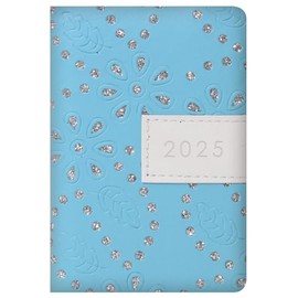 Taschenkalender 2025, stilvoller blauer Blumen-Glitzer, strukturierter Einband, Wochenansicht