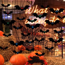 [LEISURE CLUB] Halloween Wall Sticker Decoration Hanging Decoration Bat Luminous Wall Decoration Outdoor Room Store Garland (Black Color (Pack of 12)