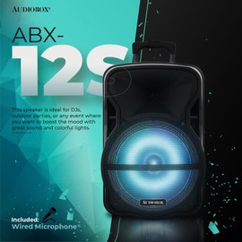 ABX-12S 12" Portable Bluetooth PA Speaker w/Stand & Mic, USB, TF, FM, AUX, 1/4" Mic Jack, Rechargeable Battery, Trolley Handle & Wheels, Perfect for DJ, Parties, & Events