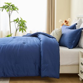 SahSahCasa Queen Comforter Set, Fluffy Comforter Bedding Set, 100% Cotton Comforter, Solid Color Comforter, Lightweight Quilted Comforter for Queen Size Bed, 90" × 90", 3pcs, Down Alternative, Navy