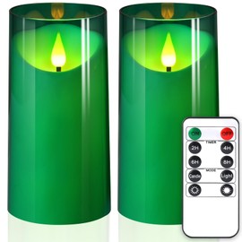 NURADA 3"x6"Flickering Flameless Candles: 3D Wick Acrylic Battery Operated LED Pillar Candles with Remote and Timer for St. Patrick's Day Home Holiday Forest Christmas Party Table Decor - Green