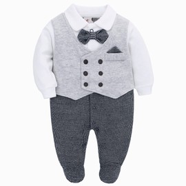 famuka 0-12 Months Baby Boy Footed Suit One Piece Gentleman Romper (Grey, 9 Months)