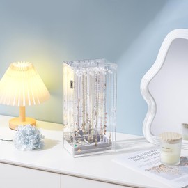 Lolalet Necklace Holder Organizer, Acrylic Jewelry Organizer with 24 Hooks, Rotating Clear Necklaces Display Box with Built-in Mirror, Dust-proof Jewelry Storage Case with Velvet Tray -Clearmirror