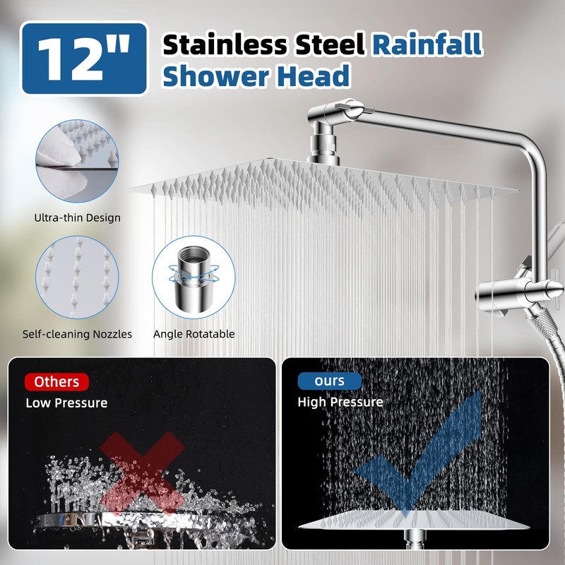 12" All Metal Shower Head, High Pressure Rainfall Shower Head/Handheld