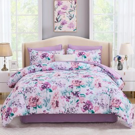 Floral Comforter Set King Size 7 Pieces Bed in a Bag, Purple Flower Watercolor Bed Set, Soft Comforter with Sheet Set 104"x90"