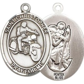 Medium Mens Oval Pewter Saint Christopher Motorcycle Medal Pendant on 24" Rhodium Plated Heavy Curb Brass Chain w/ Lobster Claw Clasp, Catholic Religious Necklace -Made in USA-Velvet Gift Box
