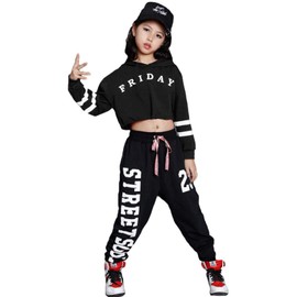 LOLANTA Teen Girls Hip Hop Dance Outfit Girls' Sweatsuit Street Dance Outfits Casual Hoodies (14-16, All black)
