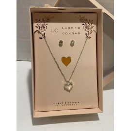 LC LAUREN CONRAD Women’s Cubic Zirconia Heart Necklace (16”) & Earrings Set NWT