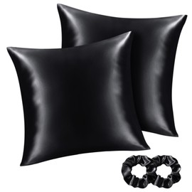 BEDELITE Similar to Silk Pillowcase Pillow Cover 80 x 80 cm Black Satin Pillowcase Set of 2 Soft as Silk Pillowcase 80 x 80 cm Summer with 2 Hair Bobbles for Hair and Skin