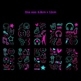 ALLY-MAGIC 10 Sheets Glow in the Dark Neon Temporary Tattoo, UV Blacklight Neon Glow Waterproof Temporary Tattoos, Rave Festival Accessories for Man and Women Party Supplies Y10-YGWST