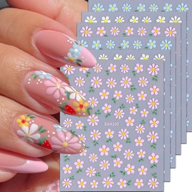 Flower Nail Stickers for Nail Art Spring Daisy Nail Art Stickers Colorful Flower Nail Decals 6PCS Cute Summer Blossom Floral Self Adhesive Design Sticker for Women Girls Decoration Supplies