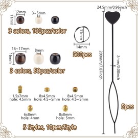 WADORN 500 Pieces Hair Beads Set, 450Pcs Large Hole Barrel Wood Beads 50Pcs European Loose Beads Black Elastic Hair Bands with 5 Quick Beader for Braids Dreadlock Hair Braid Beads Set for Decor