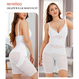 REYEOGO Bodysuit Shapewear for Women Tummy Control Butt Lifter Full Body Shaper Seamless Thigh Slimmer Faja V-Neck Jumpsuit (White, Large)
