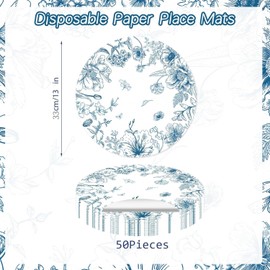 50 Pack Paper Placemats Disposable Blue and White Placemats 13 Inch Vintage Blue Floral Place Mats Decorative Chinoiserie Round Table Mats for Dinner Table Setting Birthday Wedding Party Supplies