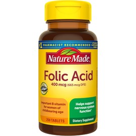 Nature Made Folic Acid 400 mcg (665 mcg DFE), Dietary Supplement for Nervous System Function, 250 Tablets, 250 Day Supply