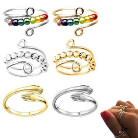 VONJUMA 6-Piece Anti-Stress Ring Set, Adjustable Anxiety Ring, Efficient Relief from Anxiety and Anti-Stress Rings, Colourful Anxiety Spinning Ring with Beads for Girls and Women, Stress Relief