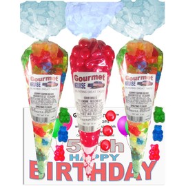 50th Happy Birthday Series 12 Flavor Gummi Gummy Bears And Sour Cherry Balls (NET WT 32 OZ) (Pack of 3) In 1 Box Gourmet Kruise Signature Gift Bags