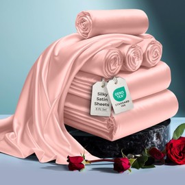 DECOLURE Satin Bed Sheets - 6 Piece Luxury Silky Queen Size Bedding Set - Softer Than Silk, Wrinkle-Free with 15” Deep Pocket Fitted Sheet, Perfect for Hair & Skin, Gifts for Women (Blush Pink)