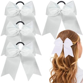 Paotxpum 4 Pcs White Cheer Bow, Cheer Bow for Cheerleaders, Bowknot Scrunchies Hair Bows, Large Cheer Bow Holder Ponytail Holder