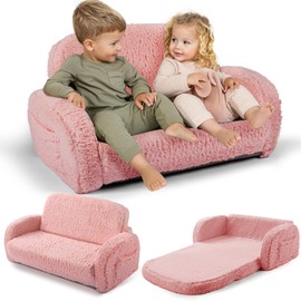 2-in-1 Sherpa Fold Out Kids Couch, Extra Wide Comfy Toddler Chair, Convertible Kids Sofa to Lounger, Foldable Toddler Couch with High Density Foam, Modern Kids Sofa Bed for Boys & Girls 3+, Pink