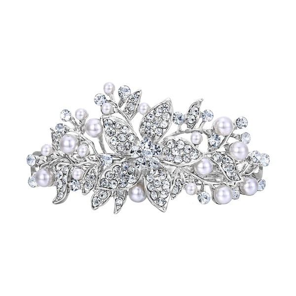 EVER FAITH® österreichischen Kristall künstliche Perle elegant Haarschmuck Haarspange Silber-Ton
