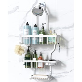 YASONIC Shower Caddy Hanging - Never Rust Shower Organizer - Aluminum over The shower head caddy with 10 Hooks for Razor/Sponge - Shower Rack with Soap Basket - White