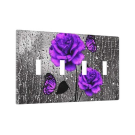 Romantic Purple Butterfly Rose Flower Decorative 4 Gang Quad Toggle Light Switch Cover Electric Large Size Quadruple Faceplate Decorative Switch Face Wallplate