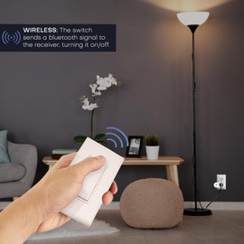 RunLessWire Wall Plug Bluetooth Battery-Free Wireless Light Switch Kit 30ft BLE Range Self-Powered by Kinetic Energy for Easy Control of Outlets: 1 Remote Switch Controls 1 Plug-in Receiver - White
