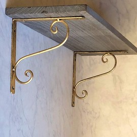 MASOUDI TRADING Shelf Brackets, Metal Fittings, 7.1 inches (18 cm), Set of 2, Iron Brackets, Stylish, L-Shaped Angle, Antique Gold Color