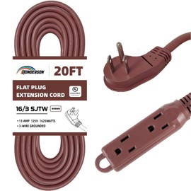 HONDERSON 3-Outlets Flat Plug Indoor Extension Cord Outlet Extender, UL Listed, 16 Gauge 20FT Brown 3 Prong Heavy Duty, 16/3 SJTW 13A Power Strip