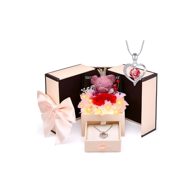 Nasjac Flor Rosa Eterna,Collar y Pendientes,Oso LED,Regalo Ideal para Mujer