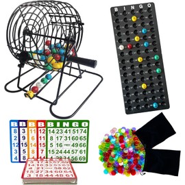 SEETOOOGAMES - Juego de Bingo de Lujo, Jaula de Metal de 8 Pulgadas, 50 Tarjetas de Papel, 600 fichas Transparentes de Colores, Bolas de Bingo y