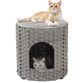 SETVSON Cat House for Indoor Cat, Large Double Cat Houses Cat Bed Cave, Handwoven Rattan Pet Beds with One Soft Pad, 17 x 17 x 17 Inches Foldable Kitten Hideaway in Living Room Gray