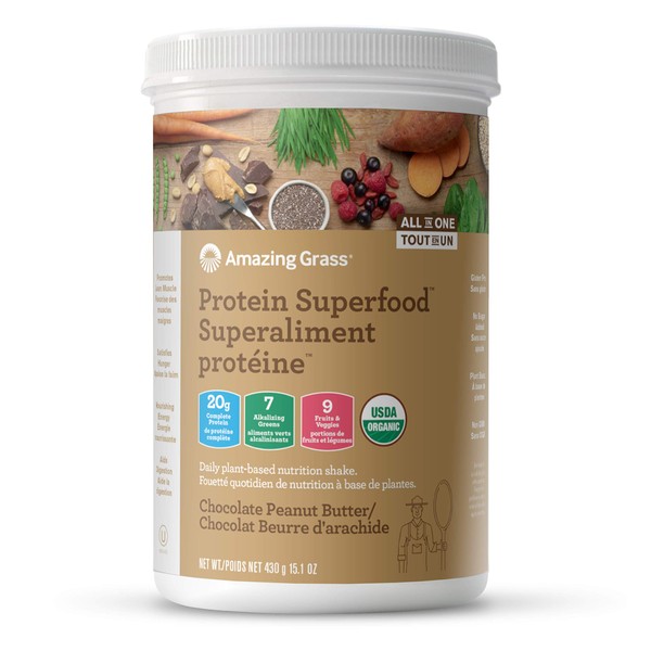 Amazing Grass Organic Plant Based Vegan Protein Superfood Powder with Vitamin Matrix, Flavor: Chocolate Peanut Butter, 10 Servings, 430 Grams, Meal Replacement Shake