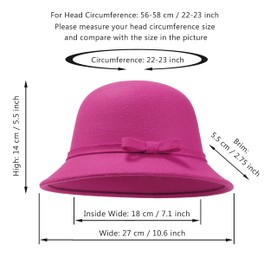 Women Felt Hat, Bucket Hat, Adjustable Vintage Bowler Suede Wool Hat with Bowknot Pink